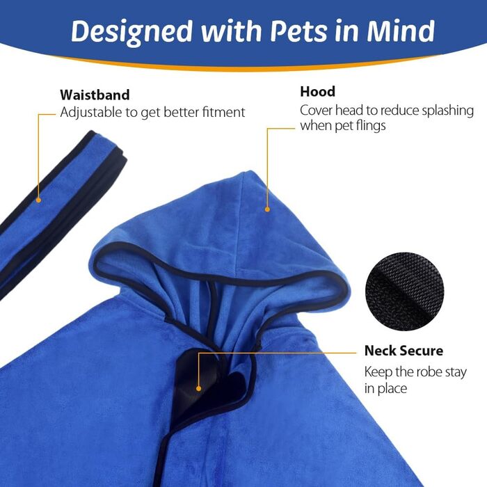 Рушник для собак з капюшоном, вбираючий рушник для сушіння після купання, підходить для собак та котів усіх порід, розмір L (блакитний)