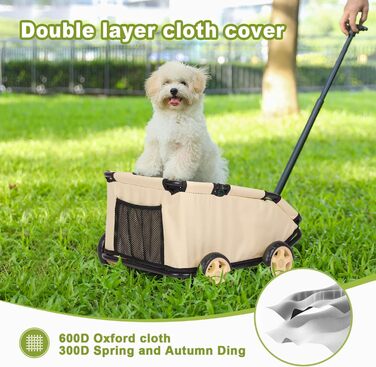 Міні-візок для тварин, складаний універсальний візок для покупок з висувною ручкою, для прогулянок на вулиці, з подушкою та страхувальним тросом, з кишенькою (Хакі)
