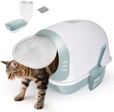 Котловий туалет для котів Masthome з кришкою, блакитно-білий, з лотком та фільтром з активованого вугілля