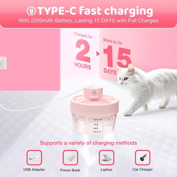 Джерело води для котів RUXAN, 2L, тихий, акумулятор 2200mAh, датчик руху, 3 режими, миска для води для кошенят та собак, білий (рожевий), поліестер