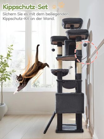 Котячий будиночок Taoqimiao 193 см XXL: великий, стабільний, з 2 будиночками, 7 стовпчиками для дряпання, гамаком та кошиком (MS047G, сірий)