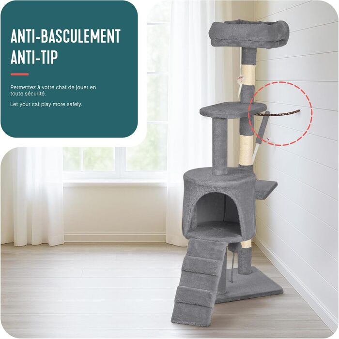 Кігтеточка для котів Vounot® – багатоярусна, 112 см, сіра, з платформами та іграшками