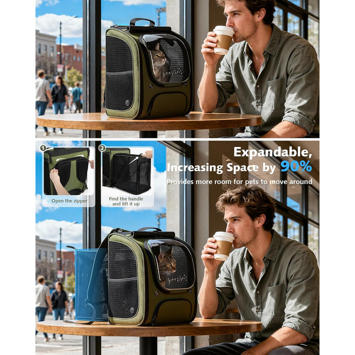 Пек'ют Рюкзак для кота Bubble з сітчастим вікном, переноска для тварин, розширювана, темно-зелений (L 32 x B 26 x H 42 см)
