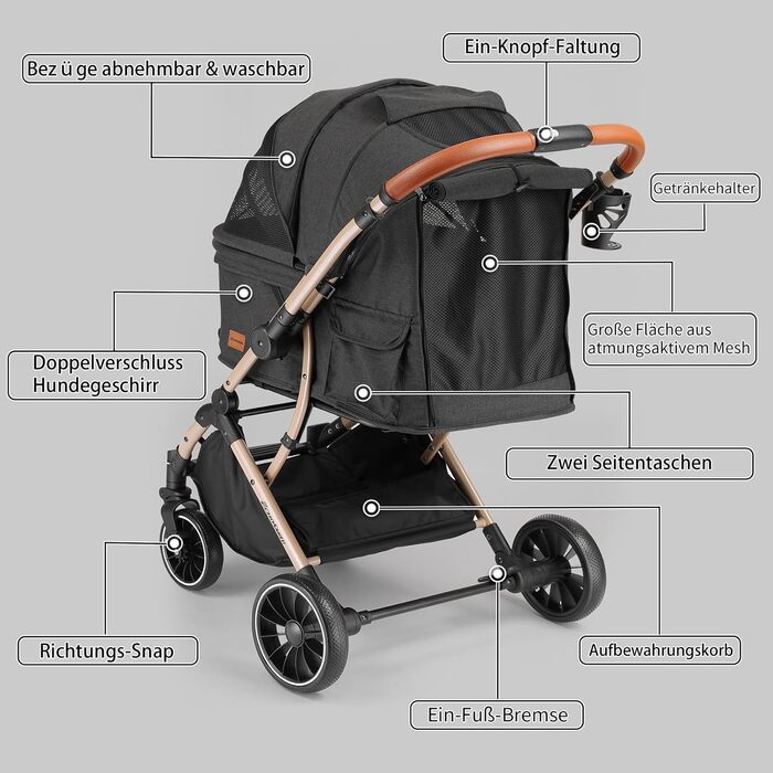 Візок для собак EchoSmile, складний, до 20 кг, для маленьких та середніх собак та котів, з поворотним ручкою, амортизацією та знімним чохлом (чорний)