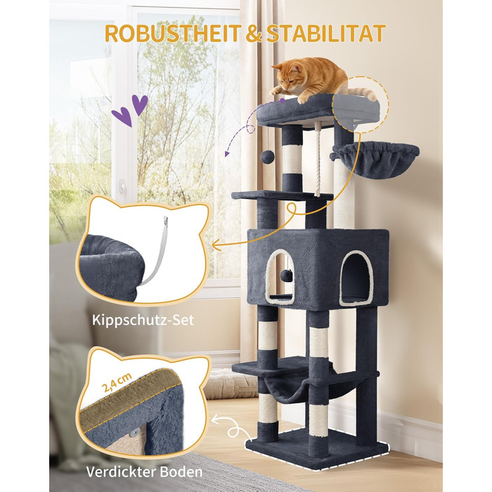 Дерево для котів Hzuaneri Kratzbaum 149 см з 5 стовпчиками для шліфування, платформами, печереєю, багатоярусне котяче ігрове дерево, помпонами, MS14918LG (темно-сірий)