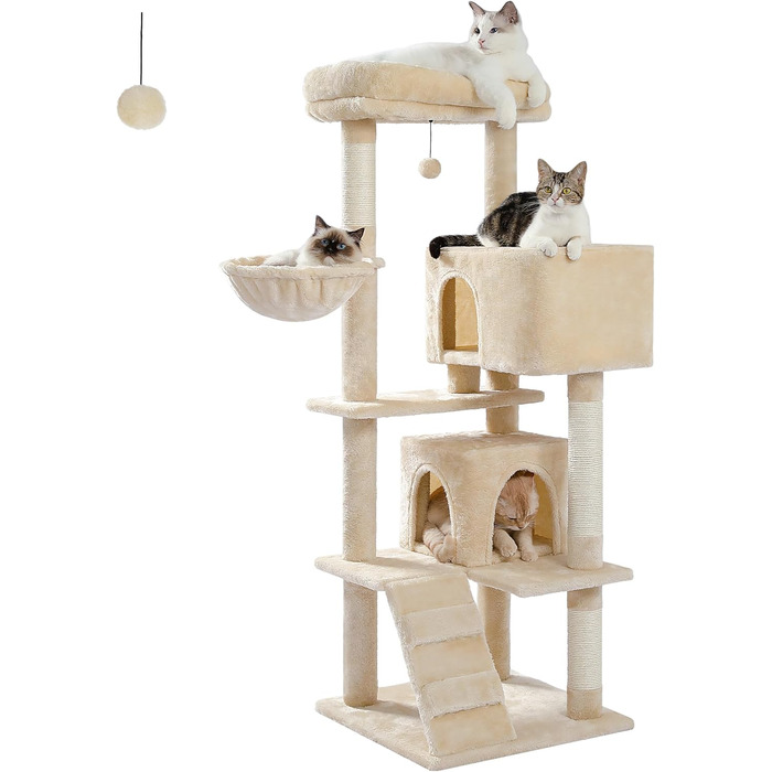 Кігтеточка PETEPELA 143 см з знімним подушкою, кігтеточними стовпчиками, двоповерховим будиночком для котів – велика, для великих котів, зелена (бежева)