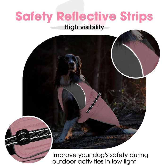 Зимовий теплий куртка для собак Nanaki з флісовою підкладкою, водонепроникний, світловідбиваючий, з отвором для повідка, пухнастий комір, середній розмір, для прогулянок на вулиці, полювання, простий у використанні (Large, Pink)