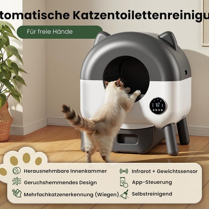 Автоматичний лоток для котів з самоочищенням 65л, 9 сенсорів, керування через додаток, захист від защемлення (сірий)