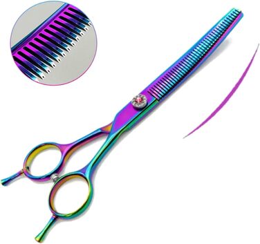 Професійна витончена ножиця для грумінгу собак 7 дюймів, з японської сталі 440C, фіолетового кольору. Зменшує товщину шерсті на 30-60%.