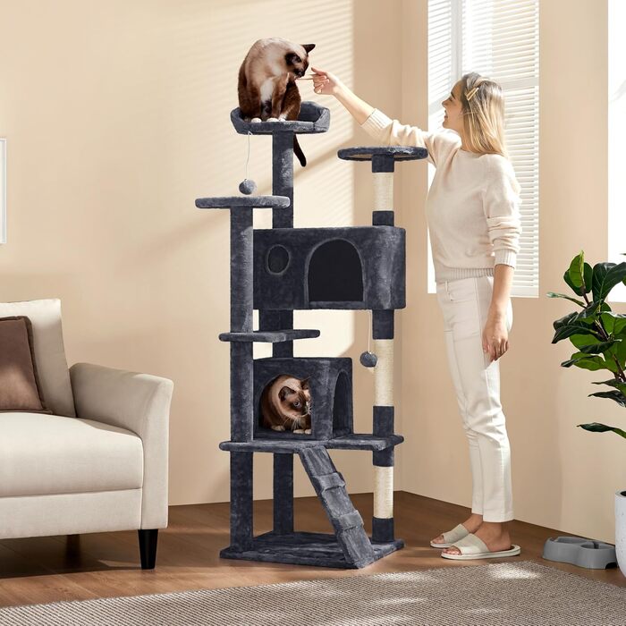 Кігтеточка велика Yaheetech 158 см, Кліматичний комплекс для котів з 3 платформами, 3 стовпчиками для шліфування, 2 будиночками, м'ячиками, сірий