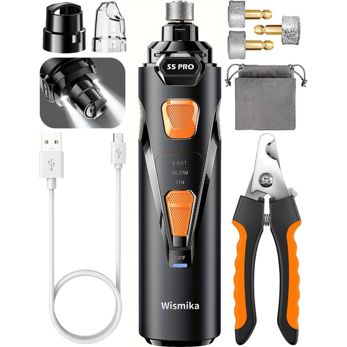 Електрична машинка для підстригання кігтів собак та котів: тиха, з LED-підсвіткою та 2 швидкостями | Перезаряджувана з 3 насадками та аксесуарами | Для безпечного догляду за кігтями