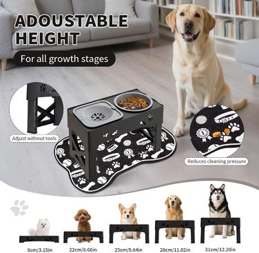 Набір мисок для собак та котів 3-в-1 з регулюванням висоти, антиковзною підкладкою та захистом від розливання, 2 шт. по 1000 мл, нержавіюча сталь, для собак та котів всіх розмірів