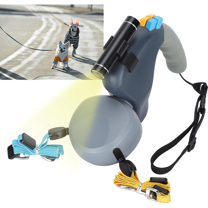 Подвійна собача повідка, висувна повідка з LED-підсвічуванням для двох собак, з фіксатором, регульована, 9,8 футів, 360° без перекручування (сіра)