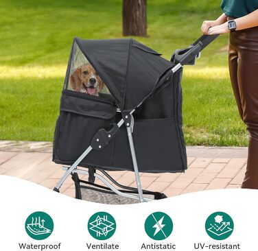 Візок для собак YITAHOME, середній розмір, 4 колеса, з кошиком для зберігання, складаний, з тримачем для напоїв (чорний, без дощового покриття)