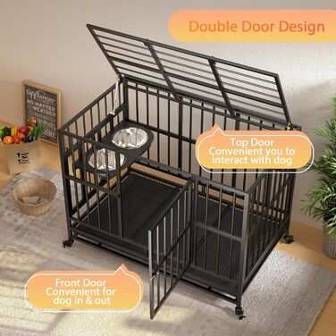 LOVMOR XL XXL Клітка для собак на колесах 121,9 см, міцна металева з унікальним амортизатором, 360° поворотна, з регульованими двома мисками та знімним піддоном, велика переноска для великих собак