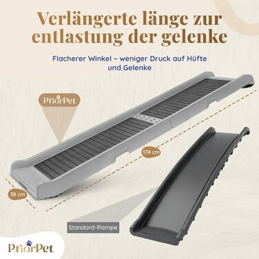 Рампа для собак у машину, складана – 174 см, 38 см – протиковзка гумова поверхня, для великих собак – стійка сходинка для авто та SUV – вантажопідйомність 136 кг – чорна (світло-сіра)