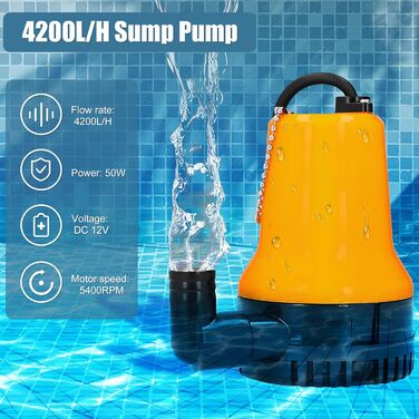 EXLECO Занурювальний насос DC 12V 50W, 4200 л/год, для брудної та чистої води, портативний, з кабелем 2,3 м, хомутом і крокодилами, для басейну, ставка, свердловини