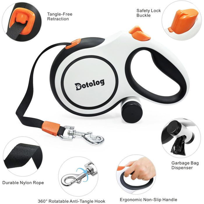 Рулетка для собак Dotolog, 8м, чорна - висувна повідка з подвійною лінією та запобіжною пряжкою