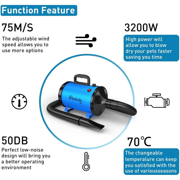 Фен для собак Blower - тихий, 4.5 PS / 3200W, регулювання швидкості, 4 насадки, синій