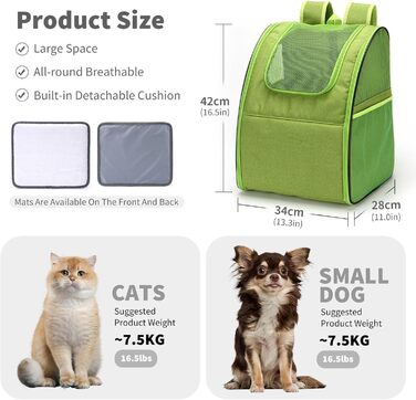Рюкзак-переноска для кота/собаки PETCUTE: зручна та легка переноска для маленьких тварин. Зелений колір. Знімний килимок з флісу для прогулянок на природі.