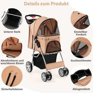 Собачий візок SOARS для тварин до 15 кг, складний, з сітковими віконцями, тримачем для напоїв та кошиком для зберігання, для маленьких тварин (Бежевий)