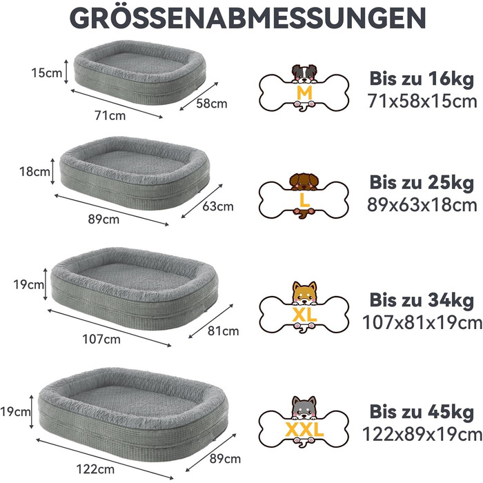 Ортопедичне ліжко для собак великих та середніх порід, XL, з м'якою подушкою для шиї, Memory Foam, вологостійке, неслизьке, знімний кошик, сірий, 107 x 81 x 19 см