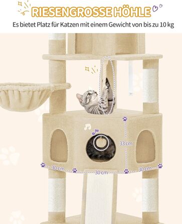 Кігтеточка для котів Hzuaneri, 174 см, XL, 2 платформи, 2 печери, 4 стовпчики, дошка для шліфування кігтів, мотузка з сизалю, плюшеві кульки, для кількох котів, MS17418LG (Бежевий)