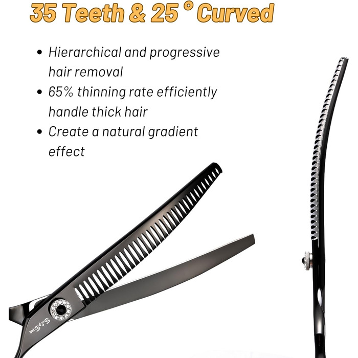 Професійна вигнута ножиця для грумінгу домашніх тварин 7.5 дюймів (25 градусів) з 35 зубцями, чорна, преміум-якість