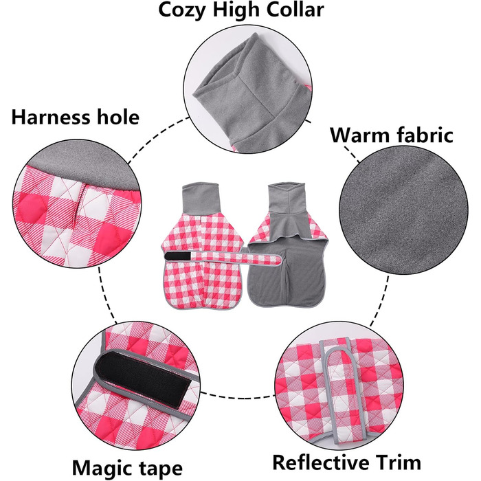 Теплий стьобаний термо-мандель для собак, водонепроникний, рожево-клітинний, з отвором для шлейки, з флісовою підкладкою, для маленьких, середніх та великих собак, XX-Large рожевий