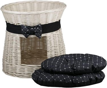 Кругла котяча хатинка e-wicker24 з плетеної лози, двоярусна, з подушкою та стрічкою, котячий оазис (кремовий/чорний)