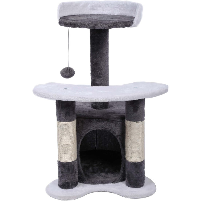 Дряпалка для котів Wiltec 67 см, чорно-біла, з сизалю, платформою, будиночком та іграшкою, крізьбаум для котів