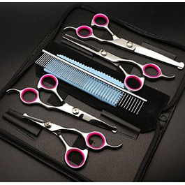 Набір професійних ножиць для грумінгу тварин CLQ: 5 шт. для собак та котів, з нержавіючої сталі 4CR, безпечні, з титановим покриттям (рожевий)
