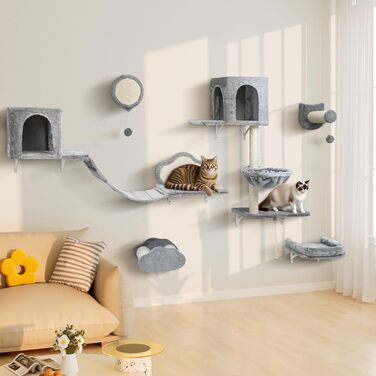 Комплекс для котів BYBYME з гамаком, ліжком та високими полицями, 6 предметів. Міцний, з плюшем, сизалевим покриттям та крізьовим покриттям. Для кількох котів. (Світло-сірий)