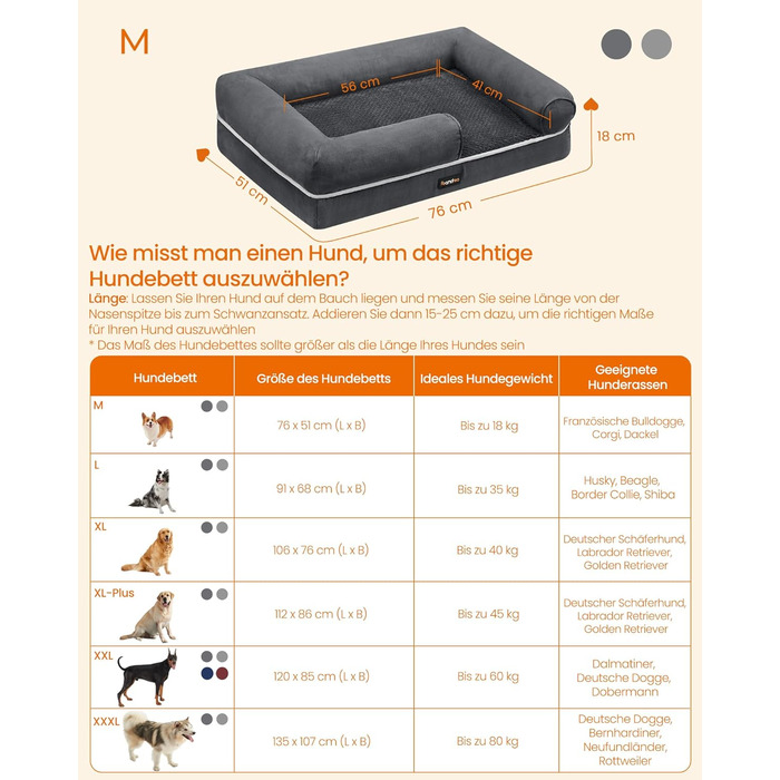 Ортопедичне ліжко для собак Feandrea, м'яке, з високими бортиками, 76x51x18 см, сіре