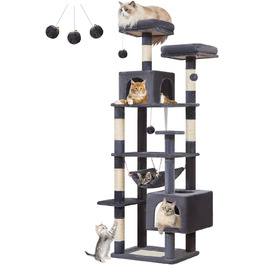 Дряпка для котів Taoqimiao MS020SG, котячий комплекс для дому, м'який будиночок з 6 стовпчиками, 2 лежаками, 2 домівками, гамаком і 3 іграшками-помпонами, сірий
