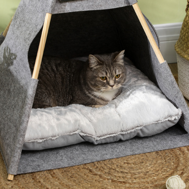 PawHut Pet Tent Cat House & Dog Tent з м'якою подушкою з плюшу та фетру, можна прати в пральній машині, сірий 58x58x80 см