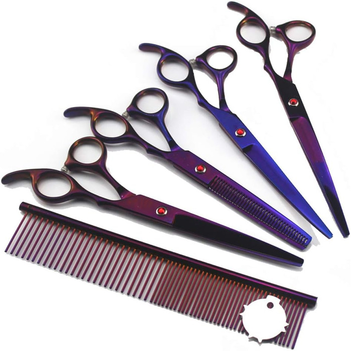 Набір ножиць для догляду за собаками, 7 дюймів, професійний триммер для тварин, леза з нержавіючої сталі, вигнуті ножиці, ножиці для розрідження, гребінець для грумінгу собак та котів, 5 шт. (фіолетовий)