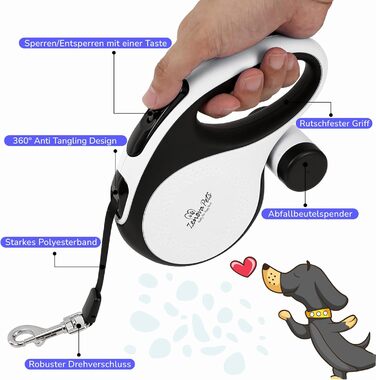 Рулетка для собак Zenova Pets 5м з тримачем для відходів, нейлоновий поводок 360°, антиковзний руків'я та кнопка швидкого гальмування. Підходить для собак великих, середніх та малих порід до 30 кг