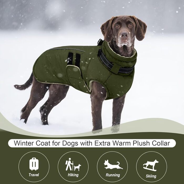 Зимова куртка для собак IECOii, водонепроникна, регульована, з світловідбиваючими елементами, військовий зелений (M)