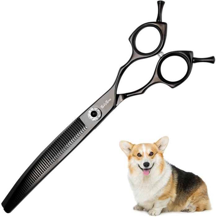Професійна вигнута ножиця для грумінгу домашніх тварин 7.5 дюймів (19 см), 56 зубів, чорний колір, 25% тонкість