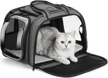 Переноска для котів та собак Pecute велика, складна - сумка-переноска для авто, подорожей, ветеринара, сіра (43x30x32 см)