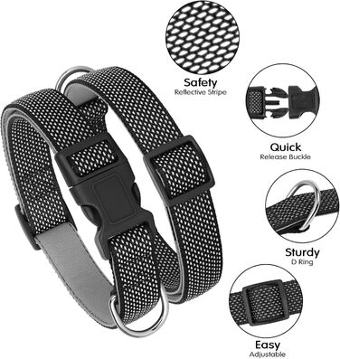 Відбиваючий нашийник для собак Didog з пряжкою, регульований, м'який неопрен, з підкладкою, нейлон, для маленьких, середніх та великих собак, чорний, L: обхват шиї 33-56 см, чорний