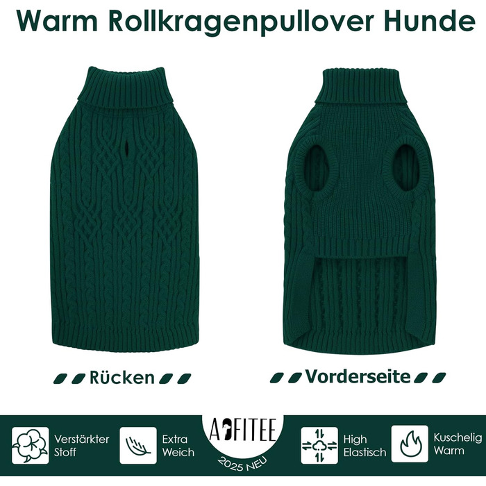 Теплий зимовий пуловер для собак AOFITEE з коміром-стійкою, для такс та маленьких порід, зелений (S)