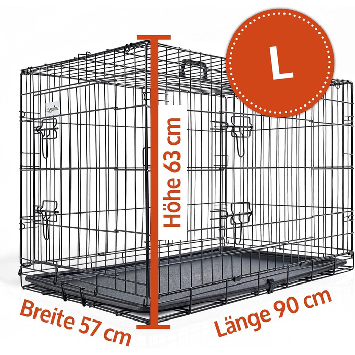 Складана переносна переносна собача будка ZooPrinz з міцного металу – клітка для собак з 2 дверцятами, з піддоном та ручкою для перенесення – 4 розміри (92,5 x 57,5 x 64 см)