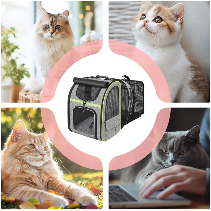 Транспортна сумка для тварин: переноска для котів та інших домашніх улюбленців. Розширювана, дихаюча, складна, для подорожей, прогулянок, транспортування. Сіра з зеленими вставками