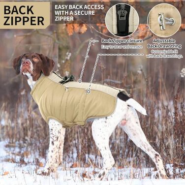 Водонепроникний теплий зимовий одяг для собак - куртка-манжетка з отвором для шлейки, армійський камуфляж, для собак маленьких, середніх та великих порід, з світловідбиваючими смугами, блискавкою (S, Абрикосовий)