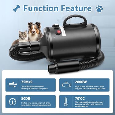 Фен для собак, 2800W, регулювання швидкості та температури, тихий, 4 насадки, для професійного та домашнього використання (Чорний)