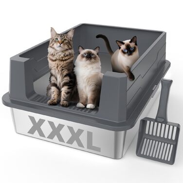 Лоток для котів із нержавіючої сталі MIXJOY XXXL (71x51x30 см), відкритий туалет з високими бортами для великих порід та кількох котів, темно-сірий