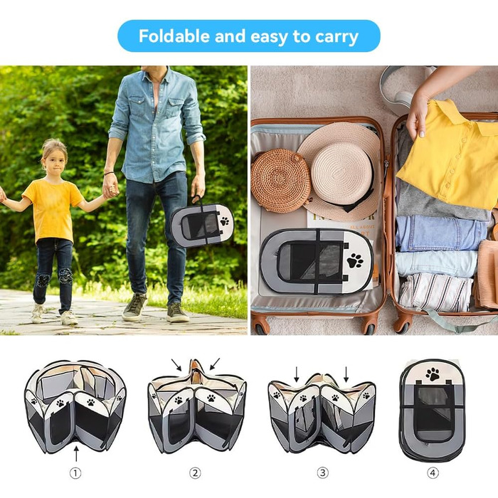 Вольєр для цуценят Dhqkqg, складаний вольєр для собак, 74x74x43 см, сірий. Підходить для собак, цуценят, котів та дрібних тварин.