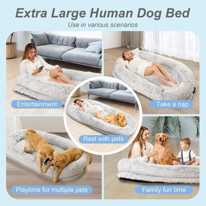 Ортопедичне ліжко для собак XL, 200x112x32 см, сірого кольору. Зручне ліжко для собак та домашніх тварин з великим штучним хутром, знімний та пральний чохол.